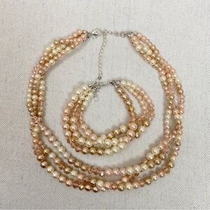Three strand pink faux Pearl Necklace and Bracelet set